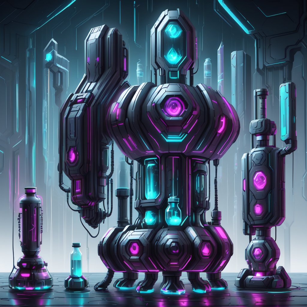 Array of cyberpunk style advanced technology potion bottles, Each item is an independent entity, Arranged in 2D game prop style, No overlapping, Solid gray-black background for easy clipping, High quality, Detailed, 2D style, Game asset, Each potion bottle has unique design, Cyberpunk aesthetics ,Crystal style,Cyberpunk,Holy light