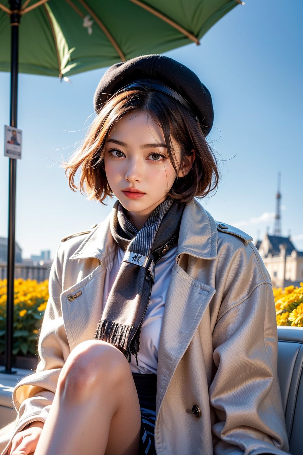 //quality Masterpiece, ultra detailed, hyper high quality, quality beyond the limits of AI, the ultimate in wisdom, top of the line quality, 8K, //Character 1 girl, most beautiful korean girl, 18yo, Beautiful eyes, detailed eyes, over sized eyes, big eyes, grin, fine face, smiling //Fashion Casual Parisian Stripes Look, Breton striped top, knee-length A-line skirt, Ballet flats, wool beret, draped scarf, Minimal accessories, like a wristwatch and a trench coat, //Background Beautiful blue sky, calm sunshine, flower garden, looking at viewer ,masterpiece,wgirl