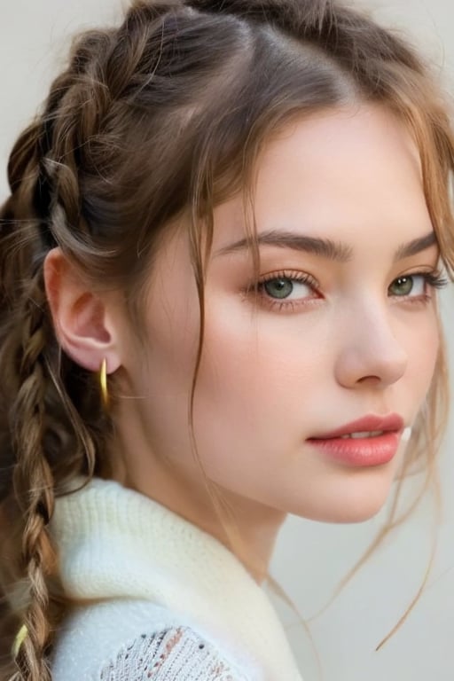 1boy, 1girl, belviso, blurry, earrings, freckles, green eyes, jewelry, lips, looking at viewer, nose, parted lips, portrait, realistic, simple background, solo, teeth, twin braids, wavy hair, white sweater