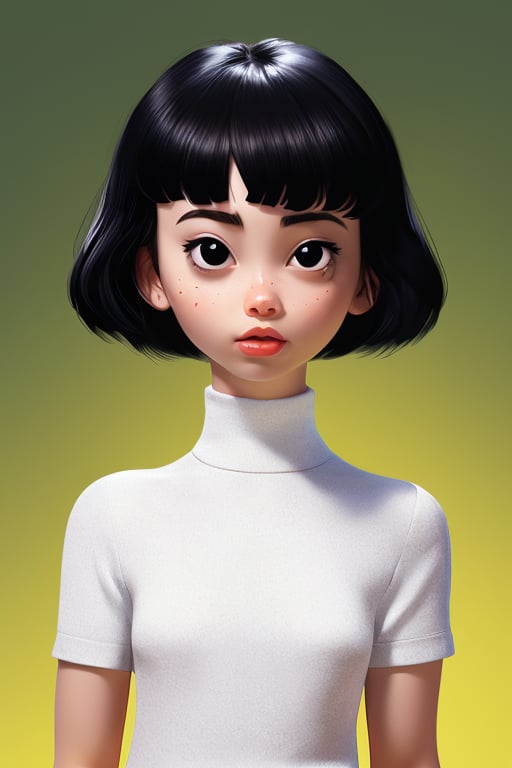 illustraion, aesthetically pleasing, 1girl, solo, slim, black hair, bobcut, bangs, black eyes, closed mouth, black shirt, short sleeves, turtleneck, upper body, standing up, realistic background