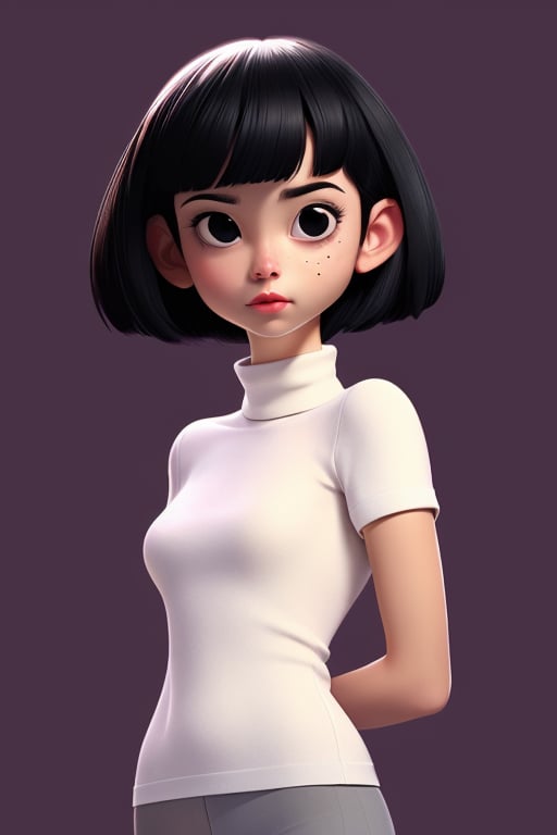 illustraion, aesthetically pleasing, 1girl, solo, slim, black hair, bobcut, bangs, black eyes, closed mouth, black shirt, short sleeves, turtleneck, upper body, standing up, realistic background