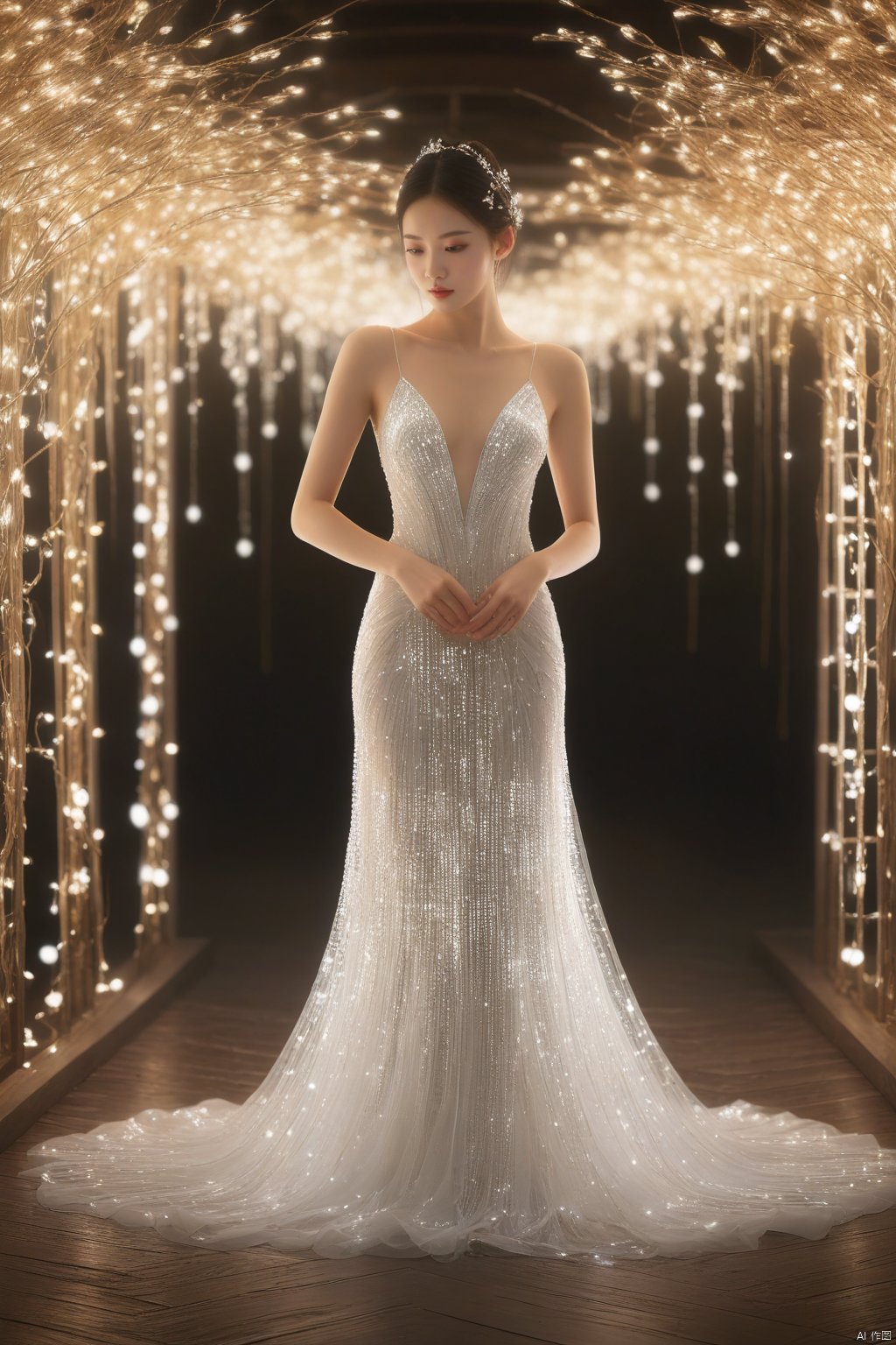 model girl's gown made from hundreds of lights, in the style of daz3d, uhd image, feminine portraiture, luminous and dreamlike scenes, low speed film, life-like avian illustrations, light white,Chinese beauty