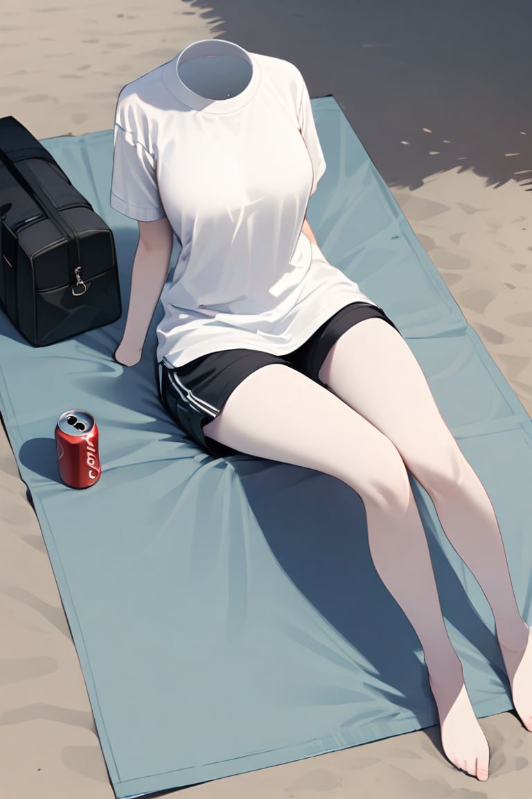 masterpiece, best quality, nobody, 1girl, (no head, no legs, no body), beach, sitting on a beach towel,  Glasses, t-shirt, shorts, hat,  summer, soda can, Bag