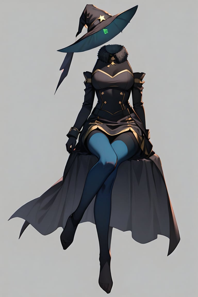 nobody, 1 girl, alone,Headless, no hands, no legs, No weapons, No weapons, Simple background, whole body,1 girl, Double tail, long hair, witch hat, pantyhose,Gloves, black hair, collar, jewelry, cape, gold trim, blue tights,earrings, Separate sleeves, Star (symbol), hat decoration, green eyes, Fur collar, Parker imprint,