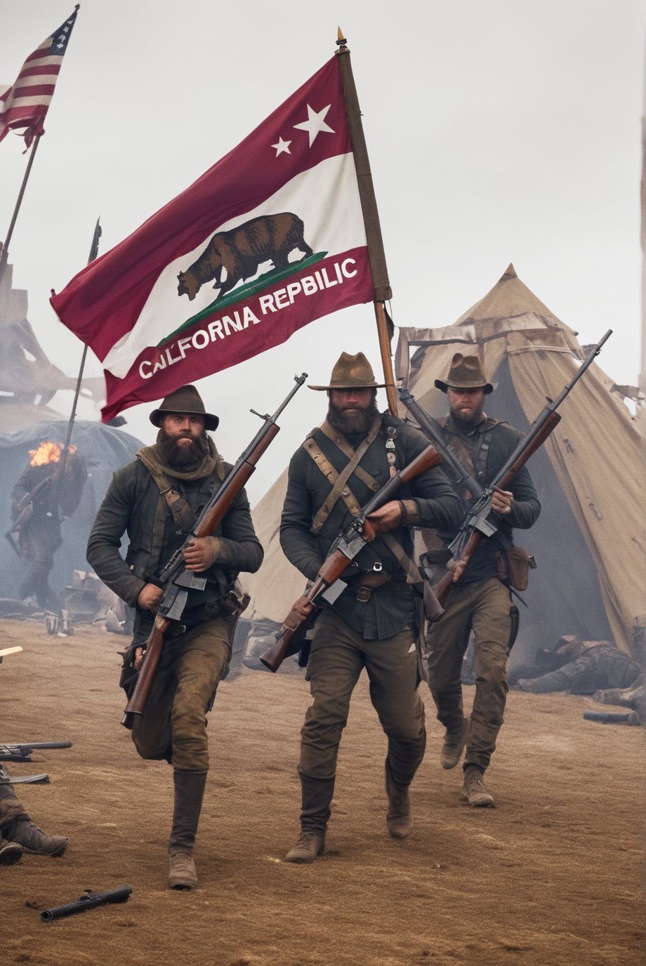 falloutcinematic, action shot, 5 New California republic militia, holding rifles, New California republic flag, tent, post apocalypse, , weapon, realistic