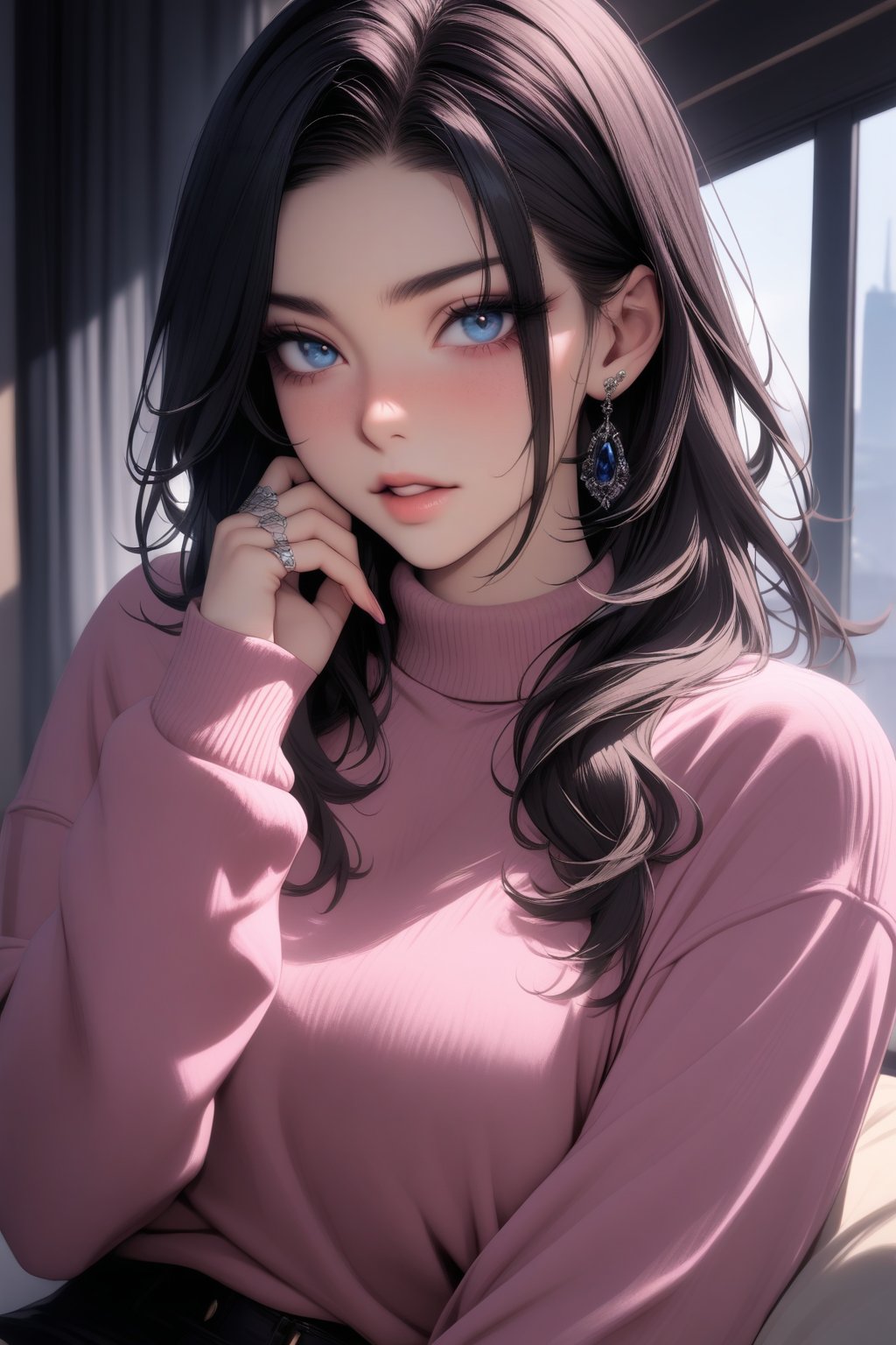 masterpiece, best quality, absurdres, very aesthetic, explicit, newest, perfect face, 1girl, solo, long hair, looking at viewer, blue eyes, black hair, long sleeves, jewelry, earrings, parted lips, nail polish, sweater, lips, fingernails, sleeves past wrists, eyelashes, ring, pink nails, hand on own face, freckles,niji6
