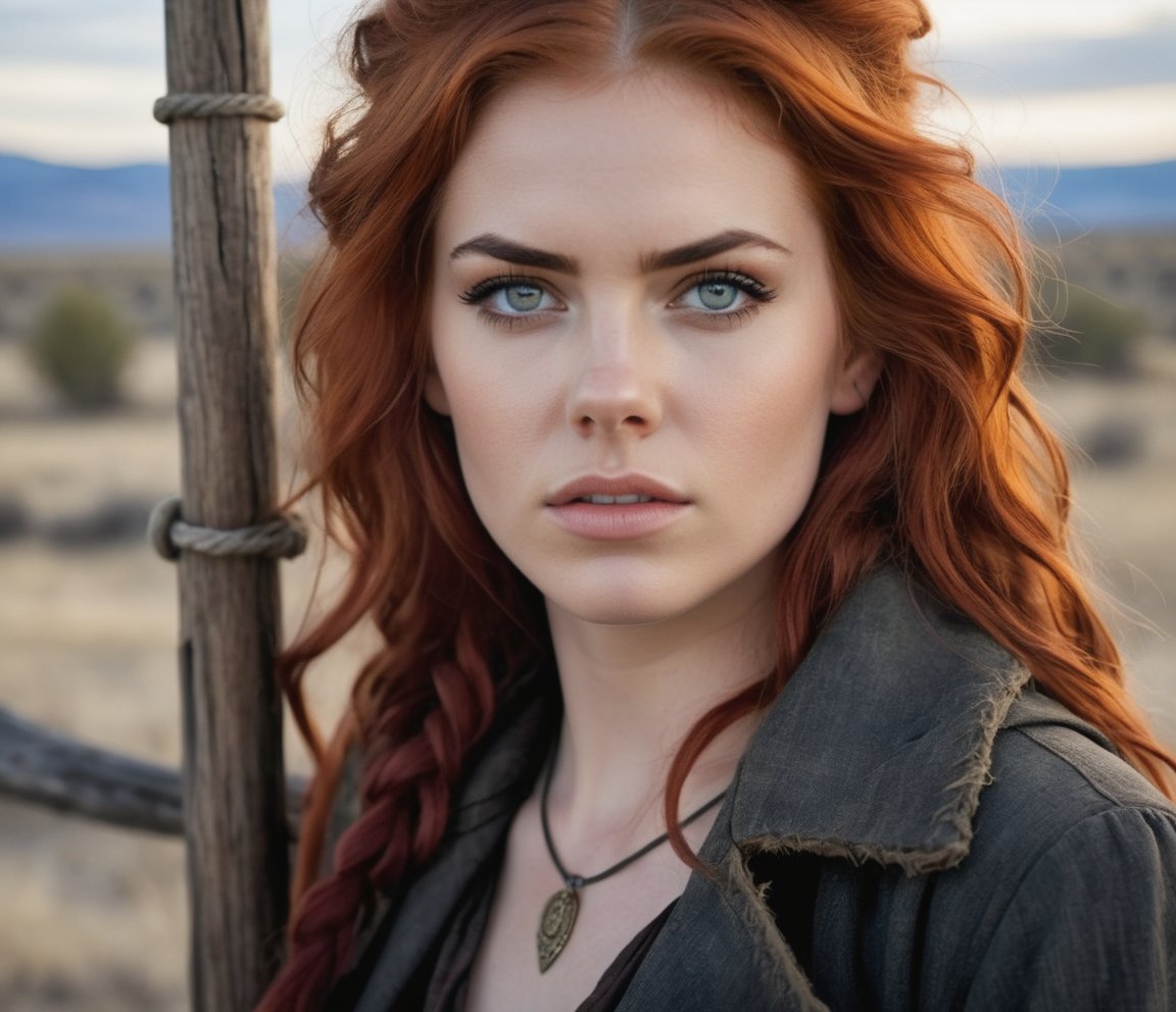 Prompt: (((Ultra detailed, beautiful face, Megapixel))) In a desolate and windswept Wild West landscape, a defiant and resolute young woman stands before a makeshift gallows, ready to face her fate. Her ((wild, fiery red hair)) cascades in untamed waves, a reflection of her untamed spirit. Her ((piercing hazel eyes)) exude a fierce determination, refusing to yield even in the face of her grim destiny. Her attire is a mix of rugged practicality and elegant defiance, with a torn and frayed coat over a sturdy and simple dress, both a nod to the hardships she has endured and an assertion of her strength. With her hands bound, she stands on a wooden crate, gazing into the distance with an air of stoicism and unwavering bravery. The gallows, constructed hastily from weathered wood, stands ominously before her, casting a long shadow over the barren landscape. The small group of onlookers, a mix of curious bystanders and stern-faced authorities, watches in hushed silence as the hangman prepares the noose. The atmosphere is charged with tension and anticipation, as the young woman prepares to meet her end with the spirit of a true Wild West heroine
