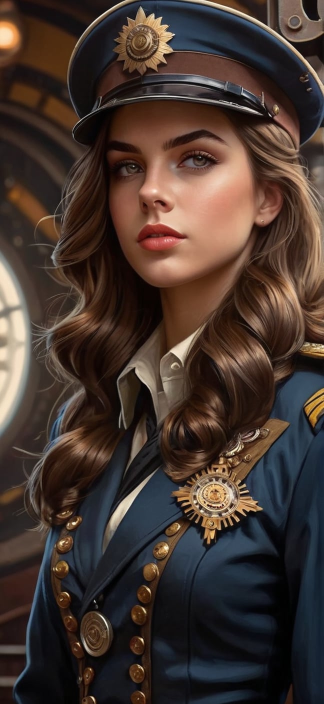 full body, Portrait of a girl in officer's ceremonial tunic, loose brown hair, dieselpunk, aristocrat, model face, max detailing, realism, cogs in the background, monograms on background, Ian McQue style, Russian empire, British empire, strongs colors, (artstation), 8k, intricate details, vintage, retro futuristic style, detailed illustration, side view