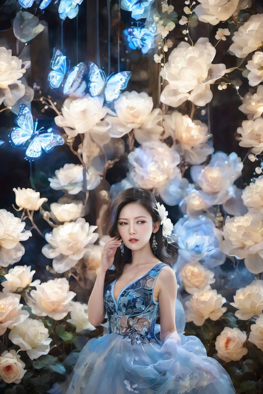 1girl, solo, long hair, brown hair, black hair, dress, closed eyes, flower, blue dress, blue flower, lips, see-through, makeup, sleeveless dress, white flower, lipstick, butterfly, particles light,sexylingling1094075