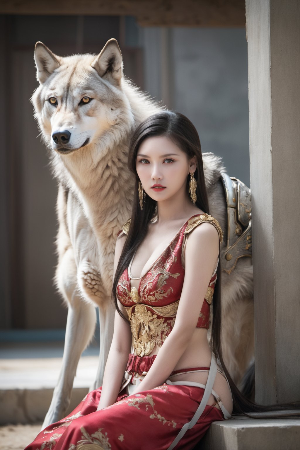 (A red and gold image of a young girl as a warrior woman, dressed in fine armor, with a large gray wolf next to her with it's head nestled on the girl's lap, in the background of an oriental-style scene), masterpiece, HDR, depth of field, wide view, bright background, raytraced, full length body, unreal, mystical, luminous, surreal, high resolution, sharp details, with a dreamy glow, translucent, beautiful, stunning, a mythical being exuding energy, textures, breathtaking beauty, pure perfection, with a divine presence, unforgettable, and impressive.,sexylingling1094075