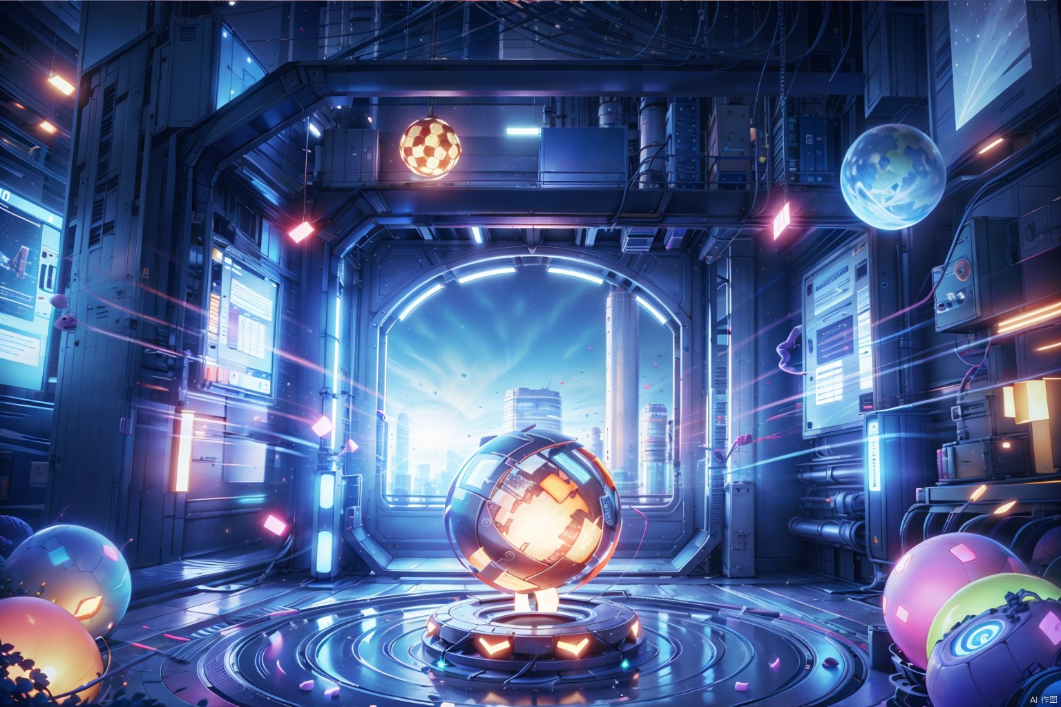 The image is a depiction of a futuristic and alien structure. It is a large,  glowing sphere surrounded by intricate metal...