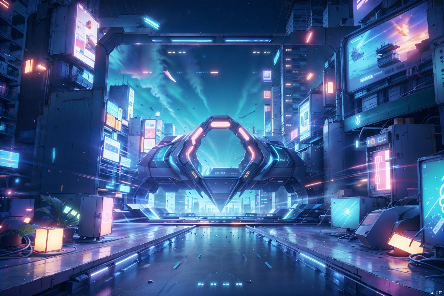 The image depicts a futuristic building. It is made of metal and has a lot of sharp edges. The building is covered in ligh...
