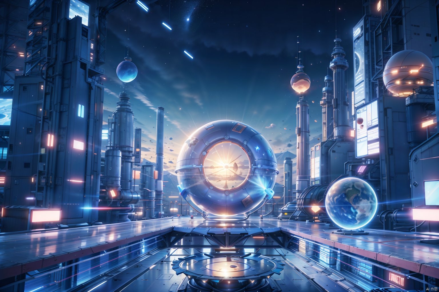 The image shows a large,  spherical structure that appears to be a space station or some other type of futuristic structur...