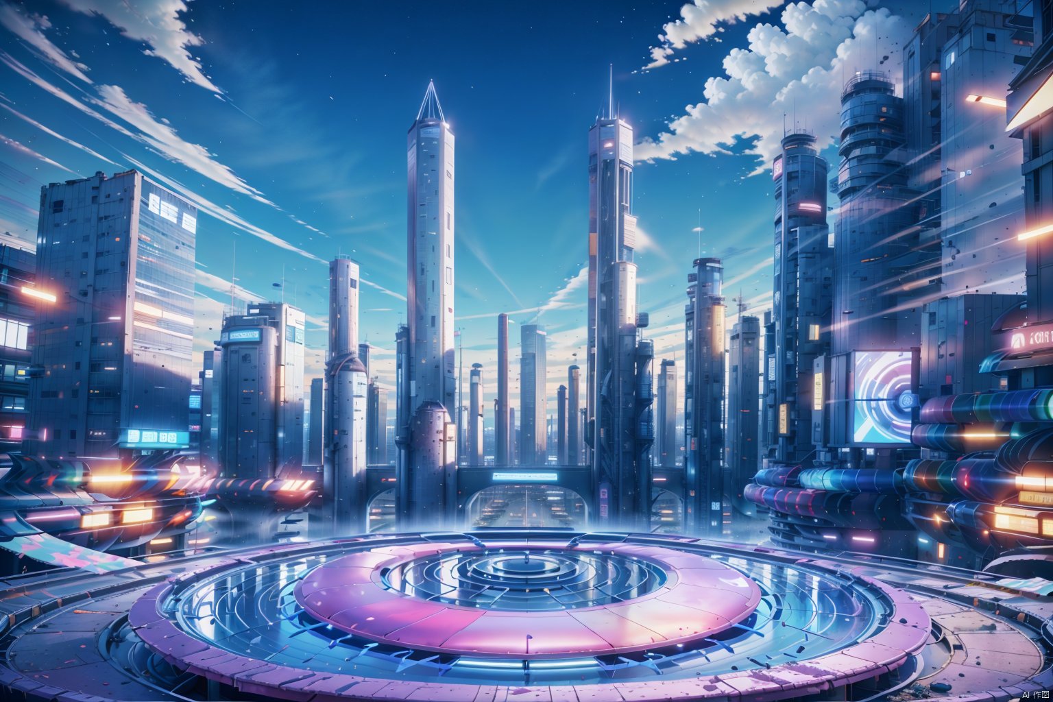 The image shows a large,  futuristic building in the middle of a vast,  open field. The building is surrounded by several...