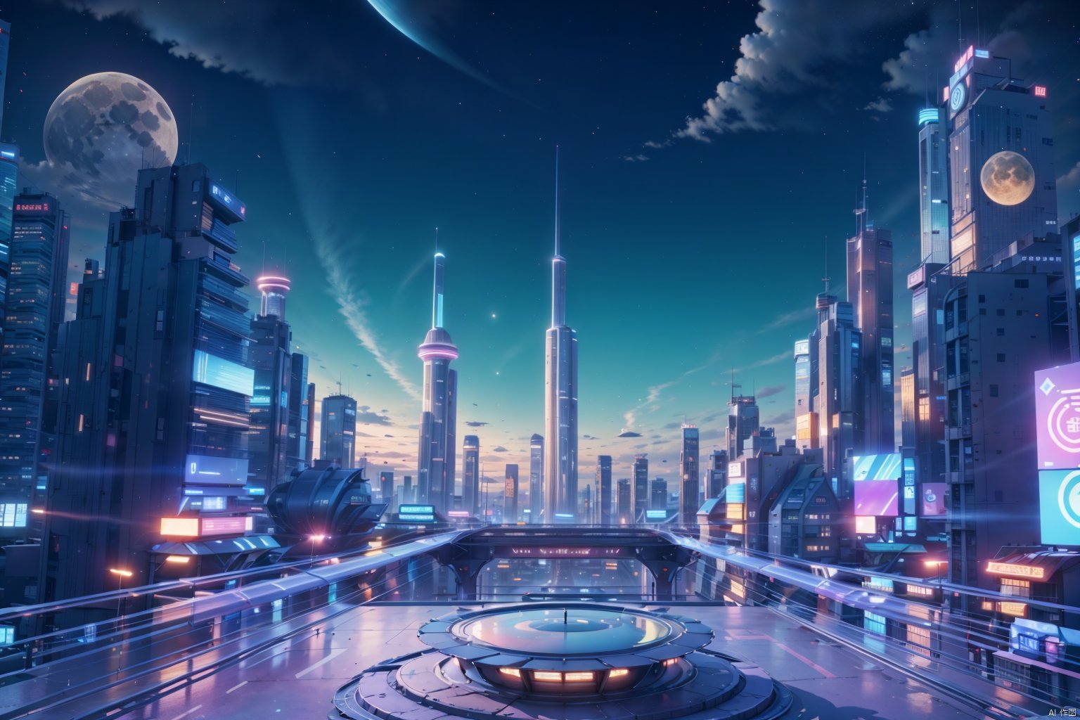 The image shows a futuristic city with a large,  domed building in the center. The moon is large and blue-green. The build...