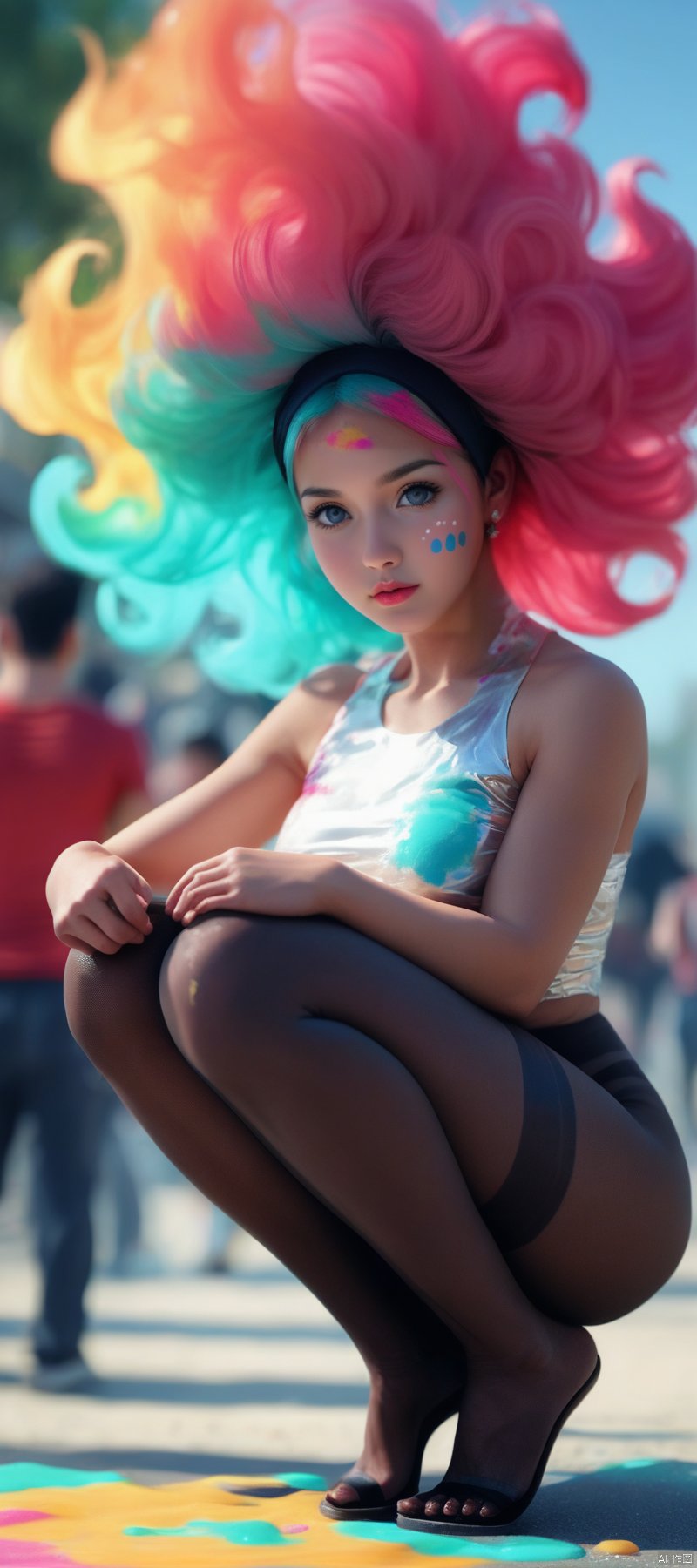 1 girl, flame body, masterpiece, top quality, beautiful and aesthetic:1.2, (1girl:1.3), (full body:1.5), leonard,looking at viewer, extreme detailed,cinematic lighting, story, narrative quality, ((crouched on tiptoes)),colorful gradient,  pink hair golden skin,score_9 score_8_up score_7_up,((gigantic boobs pink hair tape paint skin .,gigantic boobs colourful hair golden paint covered skin)), monokini,(extreme low aangle)pantie stripped down, in the street crowded people in Shanghai,Athletic, LOOKING AT VIEWER,NETORARE FATBODY SEXMENX,CUTEMASTER_PS,pantyhose