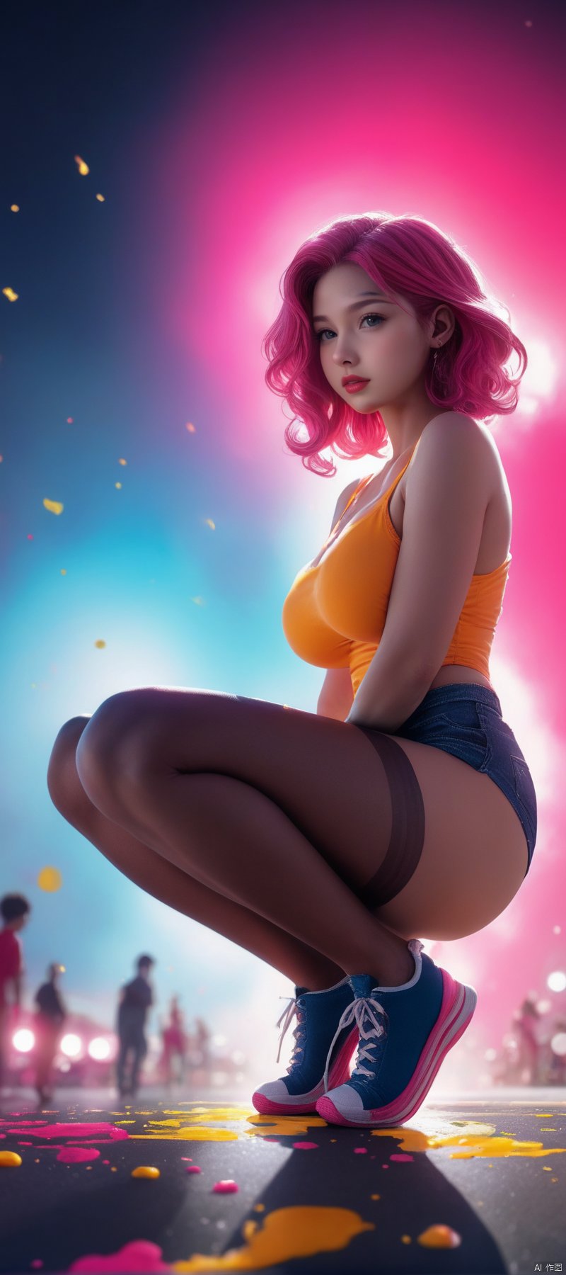 1 girl, flame body, masterpiece, top quality, beautiful and aesthetic:1.2, (1girl:1.3), (full body:1.5), leonard,looking at viewer, extreme detailed,cinematic lighting, story, narrative quality, ((crouched on tiptoes)),colorful gradient,  pink hair golden skin,score_9 score_8_up score_7_up,((gigantic boobs pink hair tape paint skin .,gigantic boobs colourful hair golden paint covered skin)), monokini,(extreme low aangle)pantie stripped down, in the street crowded people in Shanghai,Athletic, LOOKING AT VIEWER,NETORARE FATBODY SEXMENX,CUTEMASTER_PS,pantyhose