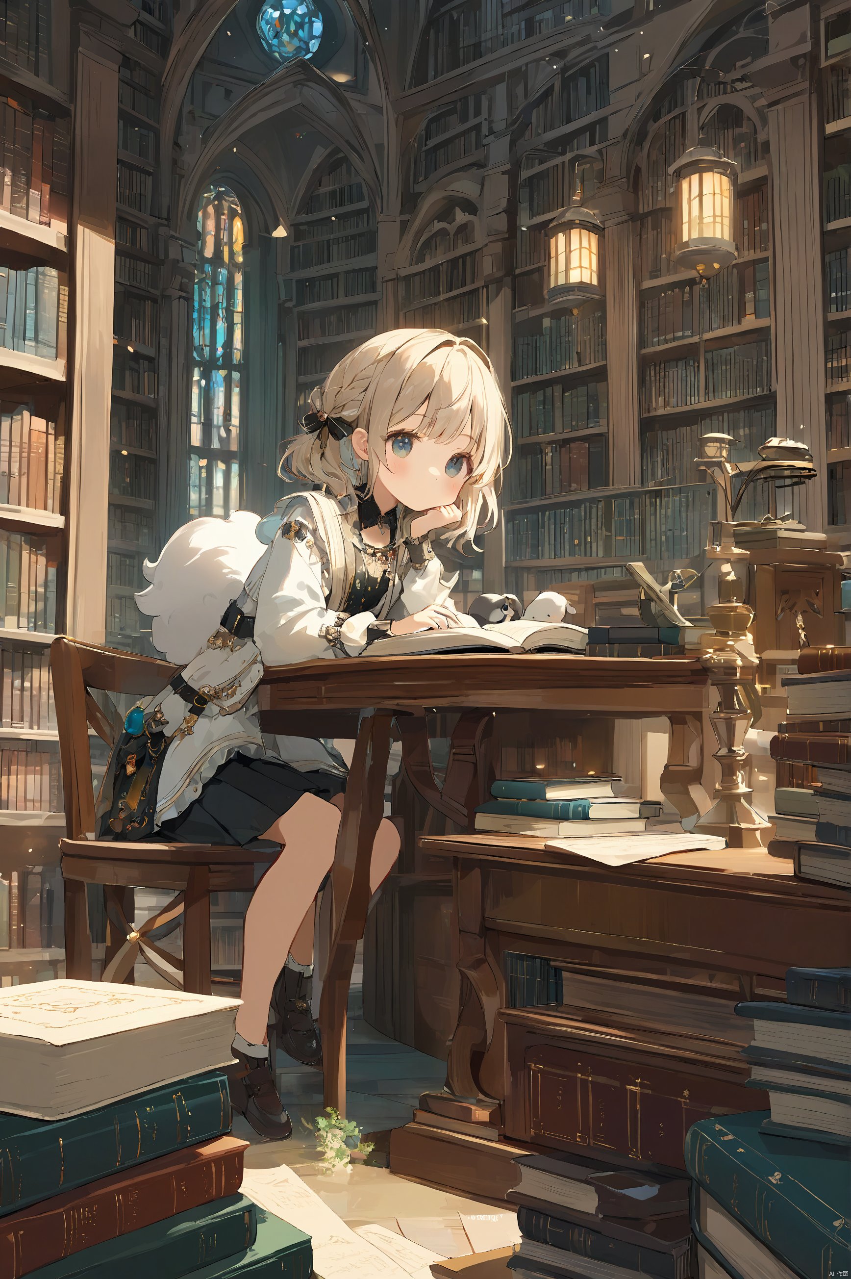 1girl,loli,in the library,sitting,cute,masterpiece,best quality,very aesthetic,extremely detailed