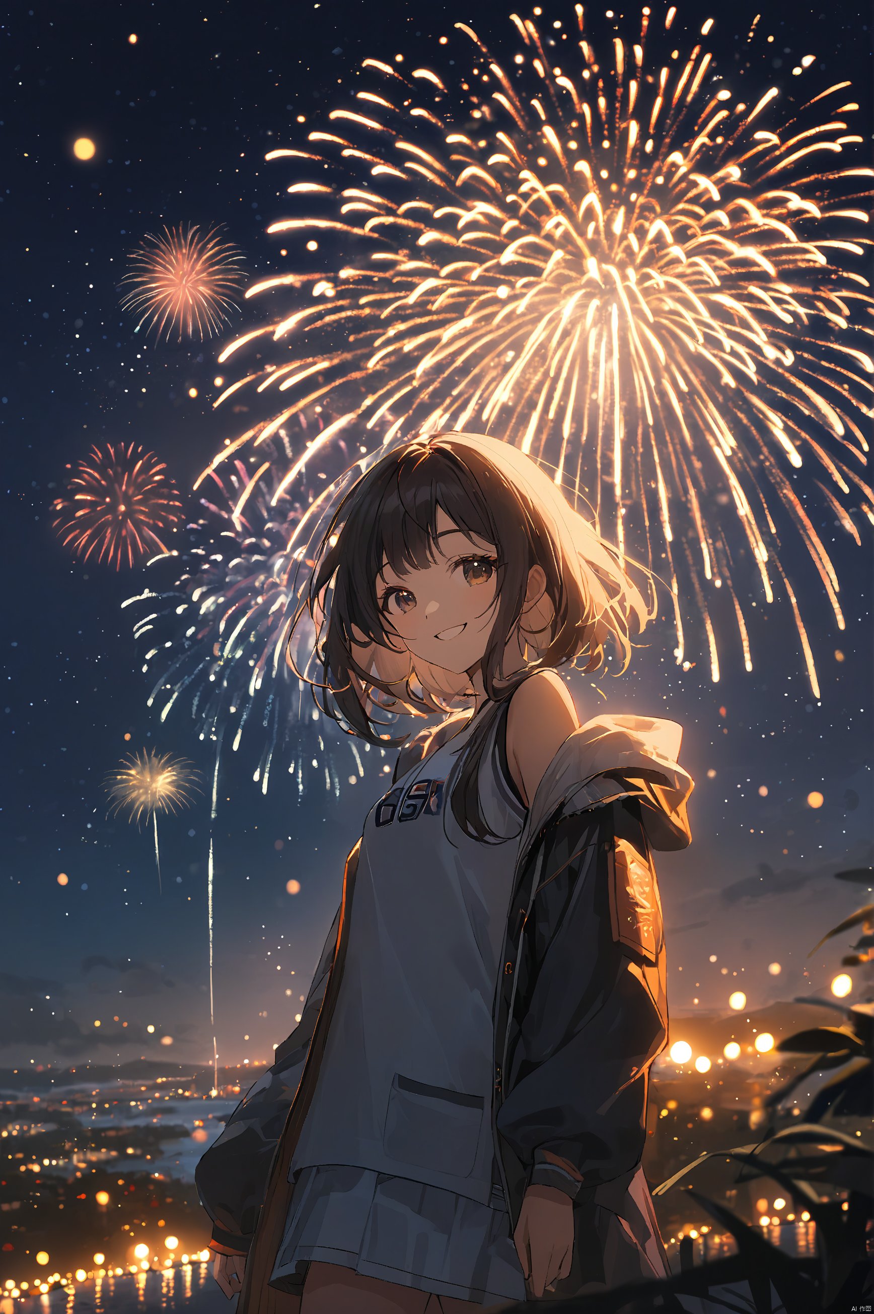 1girl,night,fireworks,smile,masterpiece,best quality,very aesthetic,extremely detailed