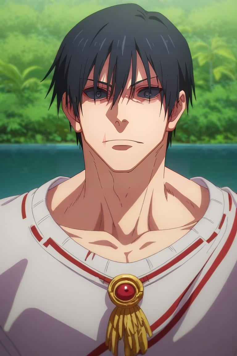 score_9, score_8_up, score_7_up, source_anime, semi-realistic, looking at viewer, upper body, depth of field, 1boy, solo, male focus, <lora:touji_fushiguro_pony:0.92>, touji_fushiguro, black hair, black eyes, short hair, hair between eyes, bangs, colored sclera, black sclera, leprechaun costume, aztec, , <lora:sdxl_lightning_8step_lora:1>