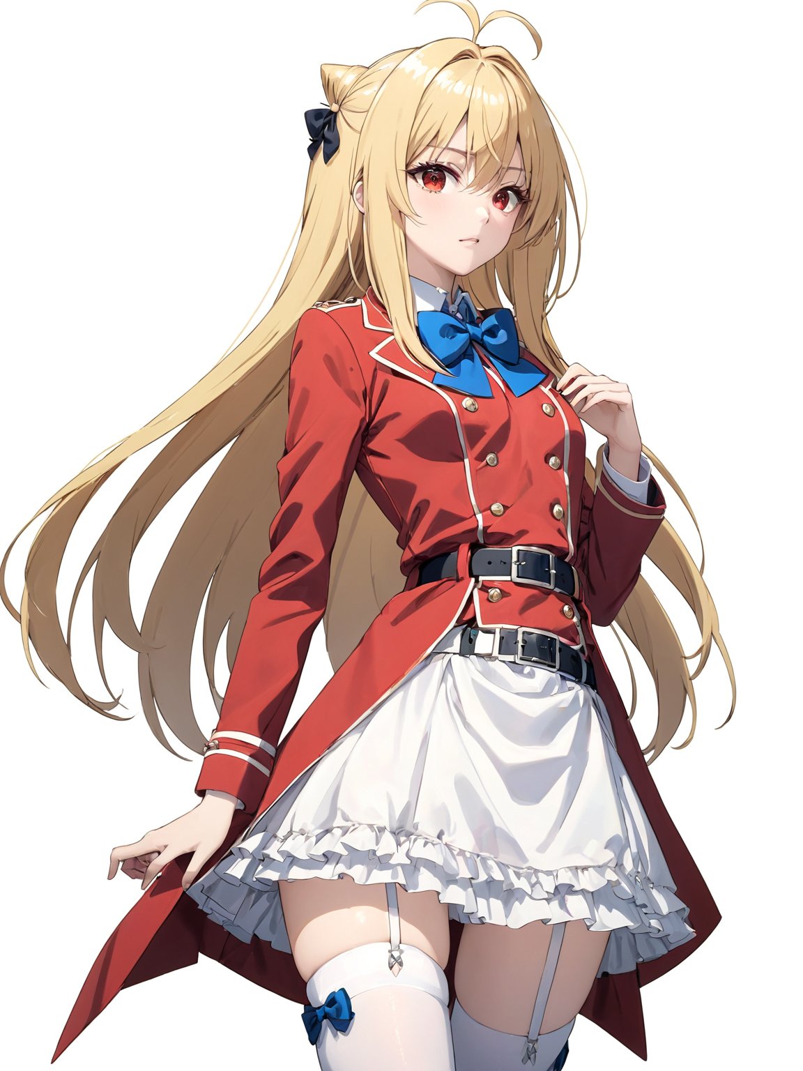 //Quality, masterpiece, best quality, detailmaster2, 8k, 8k UHD, ultra detailed, ultra-high resolution, ultra-high definition, highres, 
//Character, 1girl, solo,Terakomari, long hair, blonde hair, red eyes, ahoge, 
//Fashion, red coat, belt buckle, blue bowtie, long sleeves, white skirt, bow, white thighhighs, garter straps, boots, 
//Background, white background, 
//Others, 