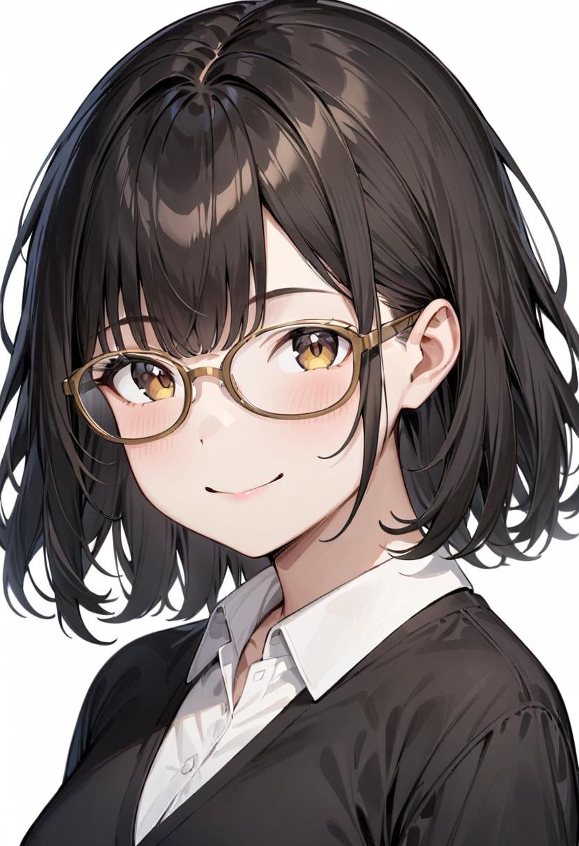 masterpiece, best quality, very aesthetic, absurdres,1girl, solo, black hair, medium hair, smile, looking at viewer, upper body, collared shirt,oval_cell, glasses, yellow-framed eyewear, white background, simple background, <lora:oval_glasses_cell-frame1_SDXL_V1:1>