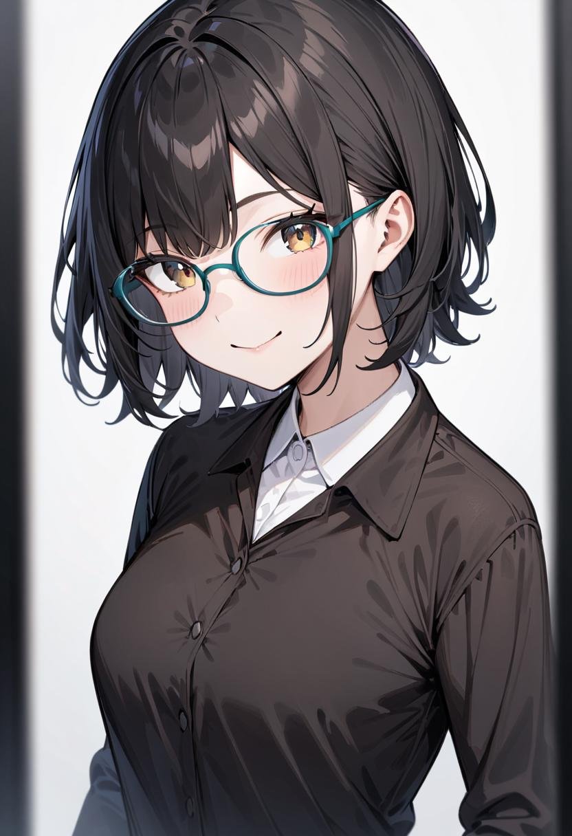 masterpiece, best quality, very aesthetic, absurdres,1girl, solo, black hair, medium hair, smile, looking at viewer, upper body, collared shirt,oval_cell, aqua-framed eyewear, white background, simple background, <lora:oval_glasses_cell-frame1_SDXL_V1:1>