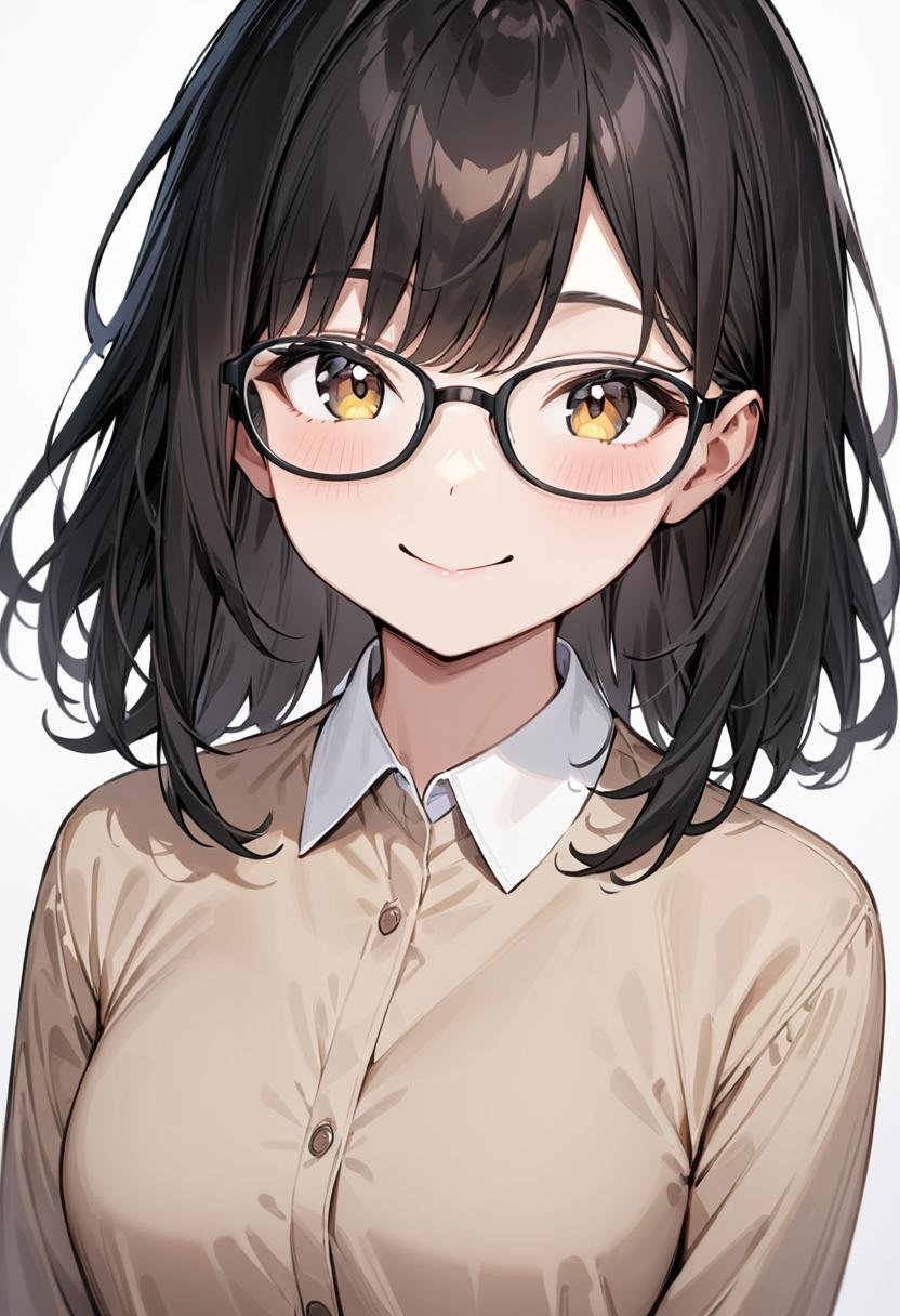 masterpiece, best quality, very aesthetic, absurdres,1girl, solo, black hair, medium hair, smile, looking at viewer, upper body, collared shirt,oval_cell, glasses, black-framed eyewear, white background, simple background, <lora:oval_glasses_cell-frame1_SDXL_V1:0.8>