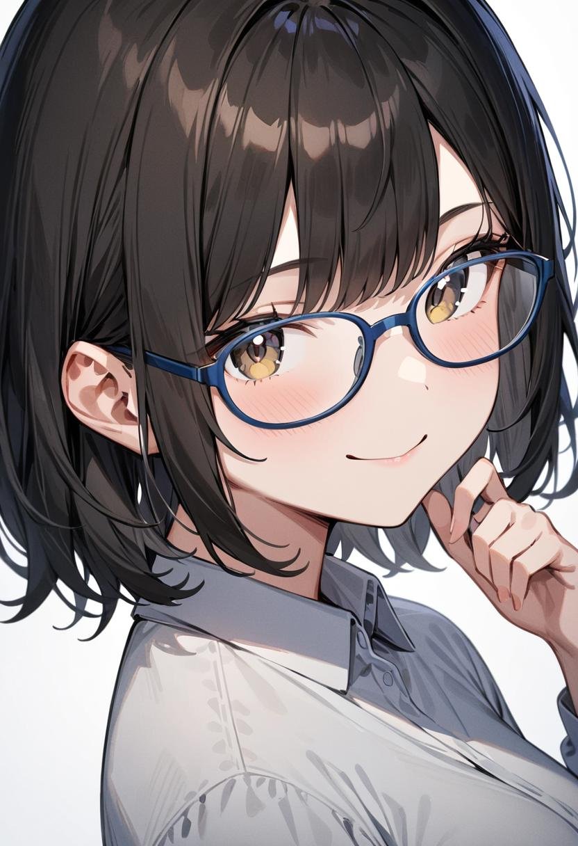 masterpiece, best quality, very aesthetic, absurdres,1girl, solo, black hair, medium hair, smile, looking at viewer, upper body, collared shirt,oval_cell, glasses, blue-framed eyewear, white background, simple background, <lora:oval_glasses_cell-frame1_SDXL_V1:0.8>