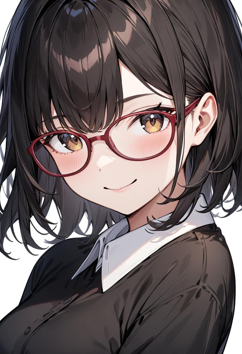 masterpiece, best quality, very aesthetic, absurdres,1girl, solo, black hair, medium hair, smile, looking at viewer, upper body, collared shirt,oval_cell, glasses, red-framed eyewear, white background, simple background, <lora:oval_glasses_cell-frame1_SDXL_V1:0.8>