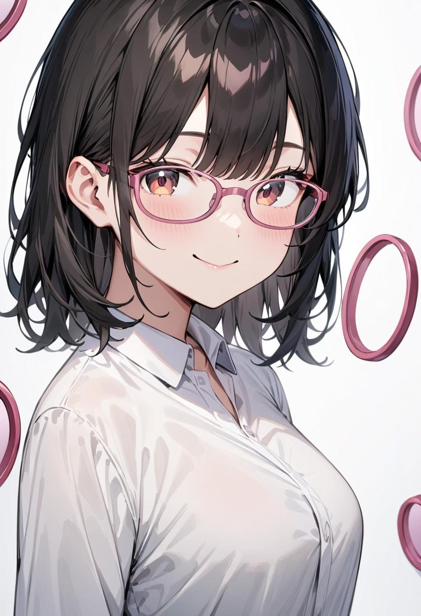 masterpiece, best quality, very aesthetic, absurdres,1girl, solo, black hair, medium hair, smile, looking at viewer, upper body, collared shirt,oval_cell, glasses, pink-framed eyewear, white background, simple background, <lora:oval_glasses_cell-frame1_SDXL_V1:0.8>