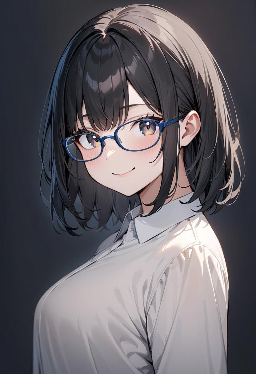 masterpiece, best quality, very aesthetic, absurdres,1girl, solo, black hair, medium hair, smile, looking at viewer, upper body, collared shirt,oval_cell, glasses, blue-framed eyewear, white background, simple background, <lora:oval_glasses_cell-frame1_SDXL_V1:0.8>