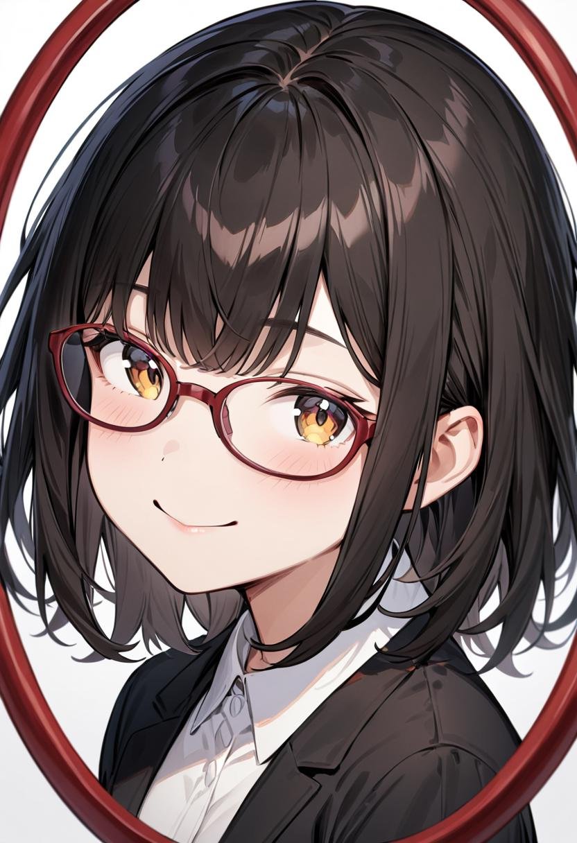 masterpiece, best quality, very aesthetic, absurdres,1girl, solo, black hair, medium hair, smile, looking at viewer, upper body, collared shirt,oval_cell, glasses, red-framed eyewear, white background, simple background, <lora:oval_glasses_cell-frame1_SDXL_V1:0.8>