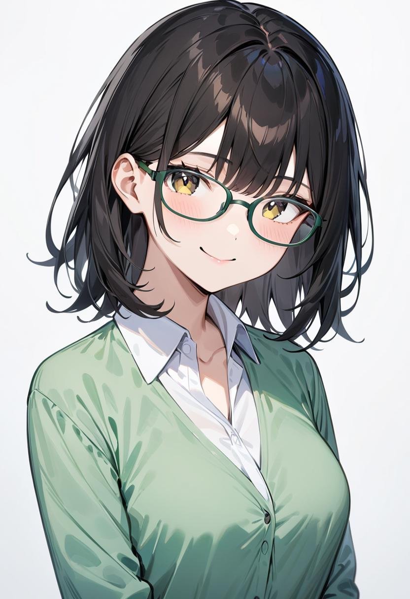 masterpiece, best quality, very aesthetic, absurdres,1girl, solo, black hair, medium hair, smile, looking at viewer, upper body, collared shirt,oval_cell, glasses, green-framed eyewear, white background, simple background, <lora:oval_glasses_cell-frame1_SDXL_V1:0.8>