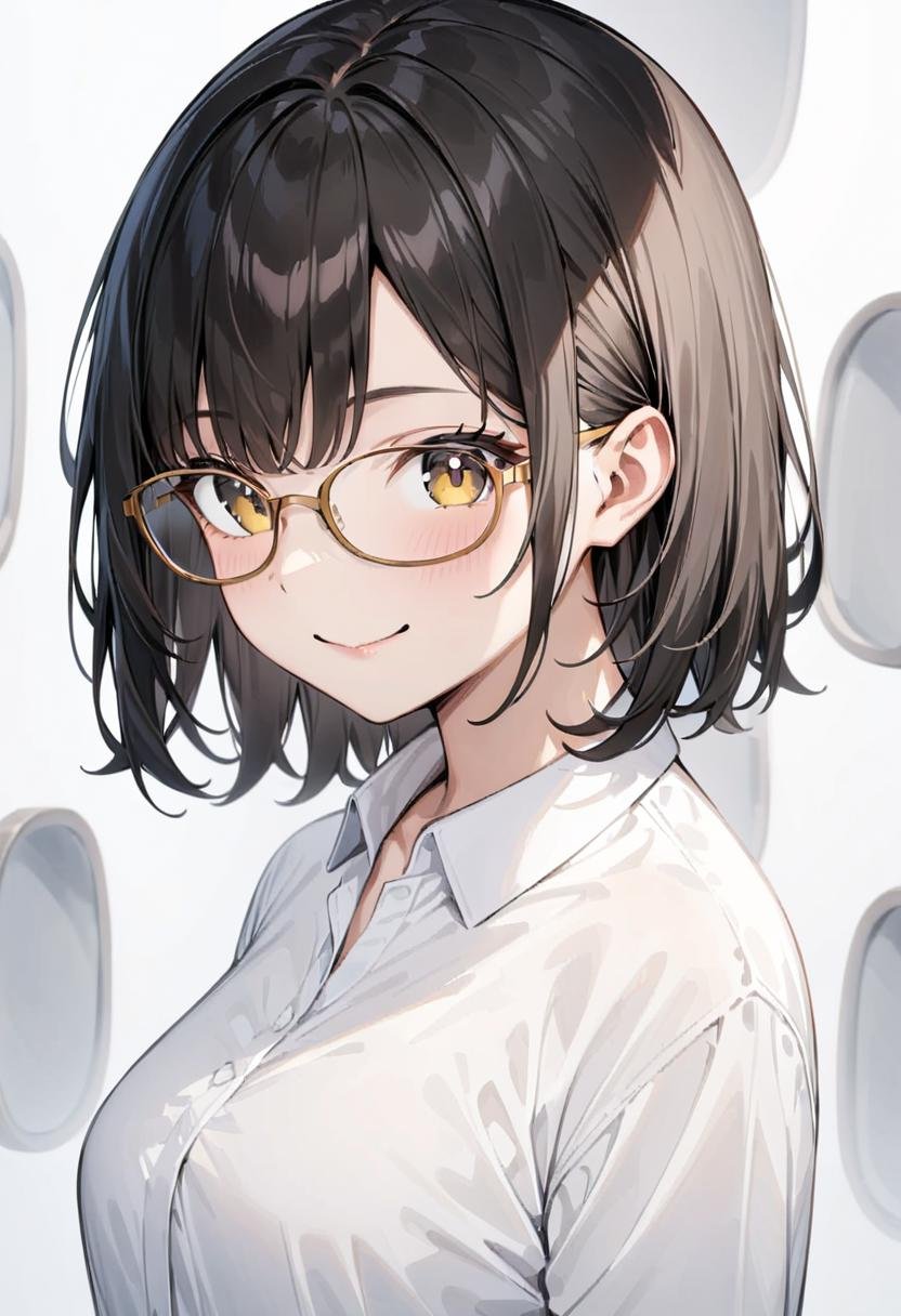 masterpiece, best quality, very aesthetic, absurdres,1girl, solo, black hair, medium hair, smile, looking at viewer, upper body, collared shirt,oval_cell, glasses, yellow-framed eyewear, white background, simple background, <lora:oval_glasses_cell-frame1_SDXL_V1:1>