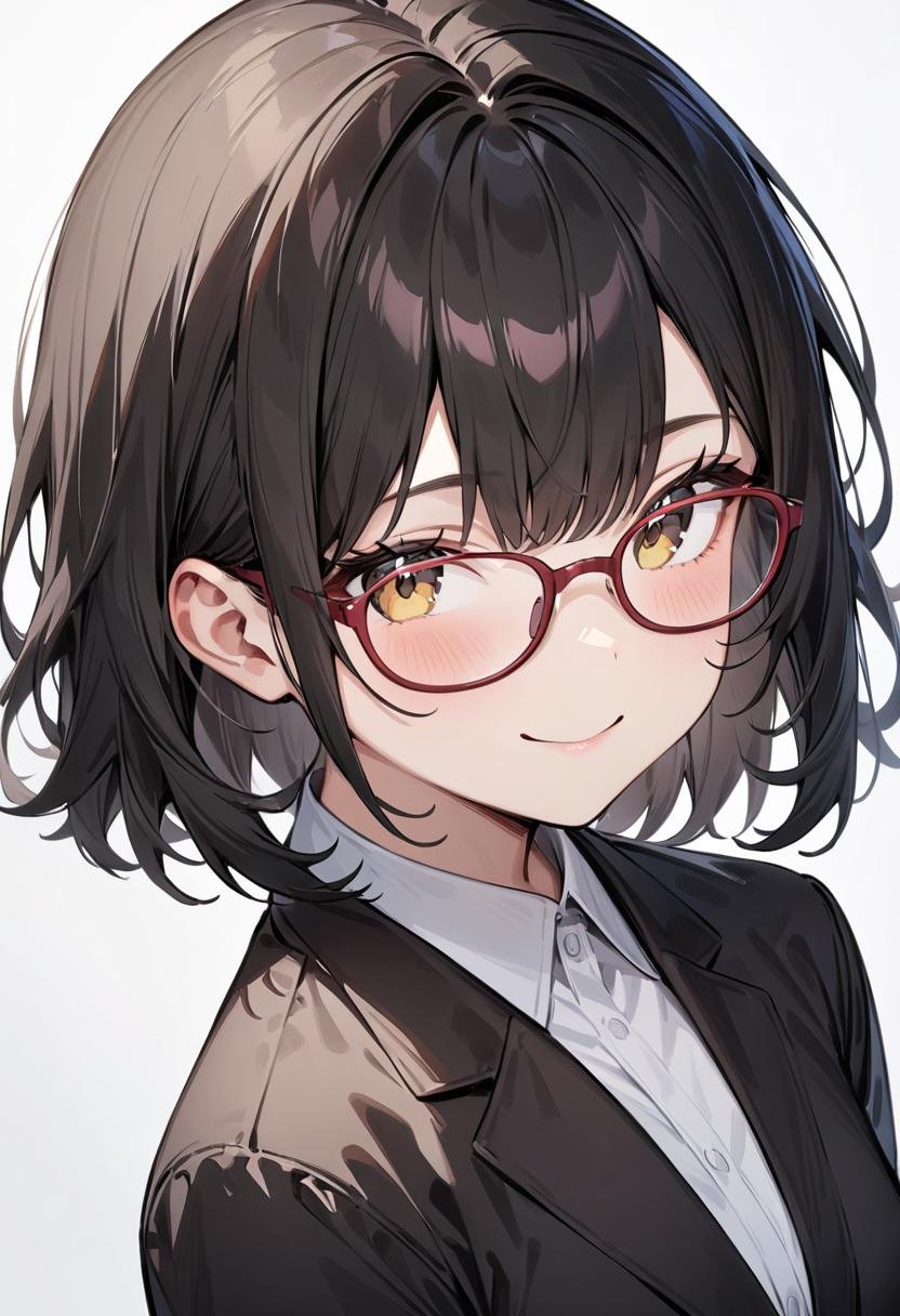 masterpiece, best quality, very aesthetic, absurdres,1girl, solo, black hair, medium hair, smile, looking at viewer, upper body, collared shirt,oval_cell, glasses, red-framed eyewear, white background, simple background, <lora:oval_glasses_cell-frame1_SDXL_V1:0.8>