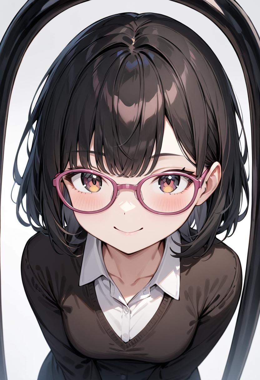 masterpiece, best quality, very aesthetic, absurdres,1girl, solo, black hair, medium hair, smile, looking at viewer, upper body, collared shirt,oval_cell, glasses, pink-framed eyewear, white background, simple background, <lora:oval_glasses_cell-frame1_SDXL_V1:0.8>