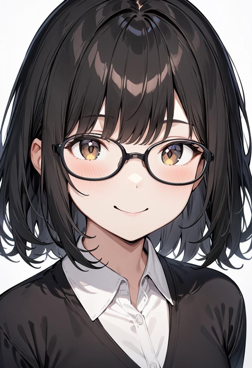 masterpiece, best quality, very aesthetic, absurdres,1girl, solo, black hair, medium hair, smile, looking at viewer, upper body, collared shirt,oval_cell, glasses, black-framed eyewear, white background, simple background, <lora:oval_glasses_cell-frame1_SDXL_V1:0.8>