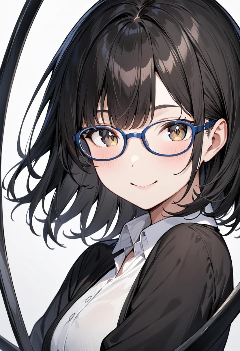 masterpiece, best quality, very aesthetic, absurdres,1girl, solo, black hair, medium hair, smile, looking at viewer, upper body, collared shirt,oval_cell, glasses, blue-framed eyewear, white background, simple background, <lora:oval_glasses_cell-frame1_SDXL_V1:0.8>