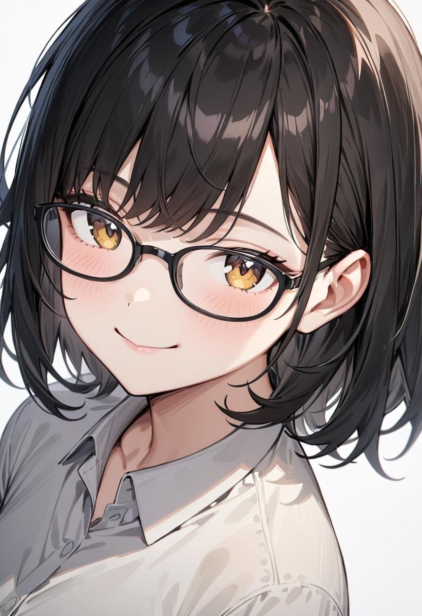 masterpiece, best quality, very aesthetic, absurdres,1girl, solo, black hair, medium hair, smile, looking at viewer, upper body, collared shirt,oval_cell, glasses, black-framed eyewear, white background, simple background, <lora:oval_glasses_cell-frame1_SDXL_V1:0.8>