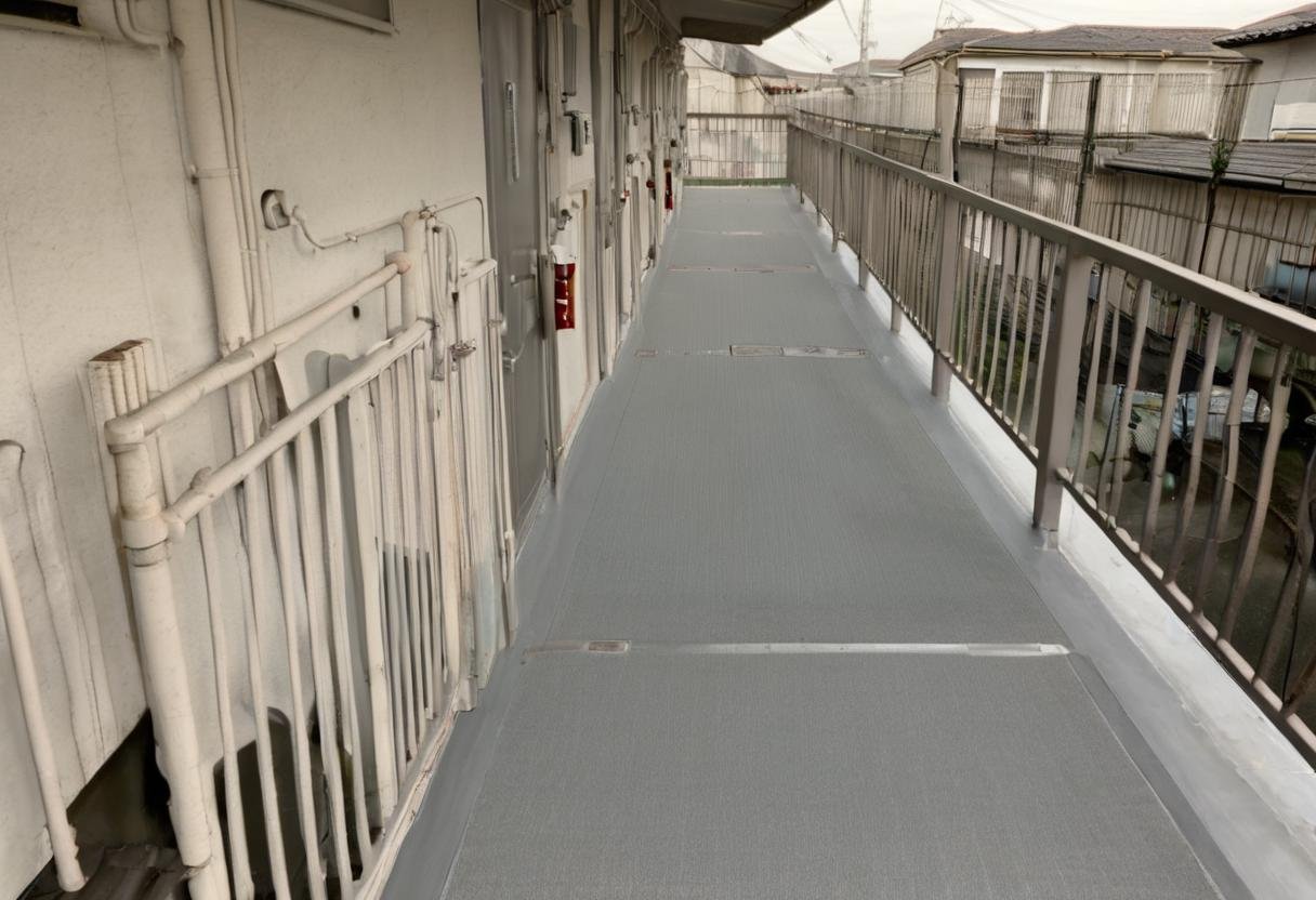 masterpiece, best quality, very aesthetic, absurdres,rouka, scenery, fence, railing, building, day, outdoors, door <lora:japan_apartment_SDXL_V2:1>