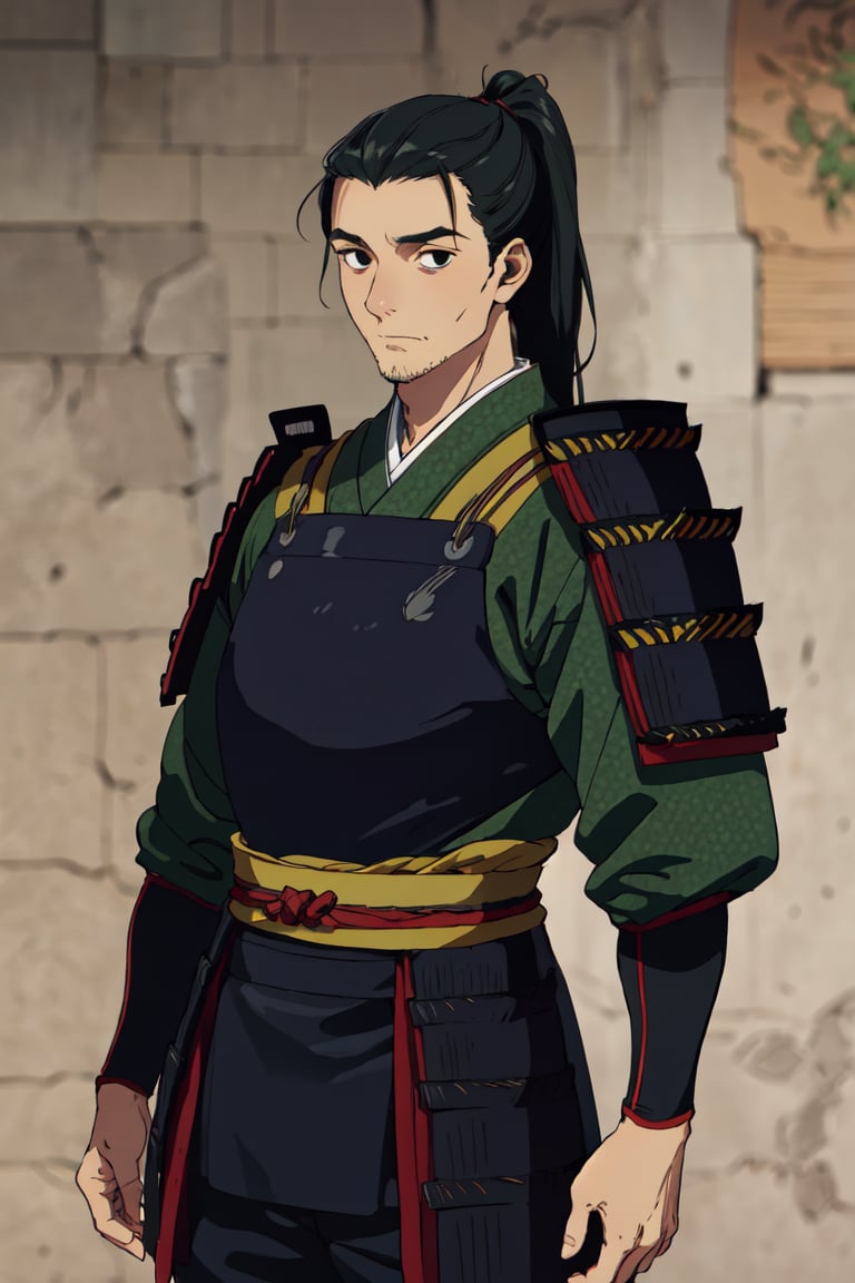 solo male, Shuro \(Delicious in Dungeon\), samurai, black eyes, black hair, ponytail, stubble, japanese armor, green Juban \(kimono\), breastplate, kusazuri, shoulder armor, sode, kote, puttee, sandals, handsome, charming, alluring, standing, upper body, perfect anatomy, perfect proportions, best quality, masterpiece, high_resolution, dutch angle, cowboy shot, photo background,Shuro