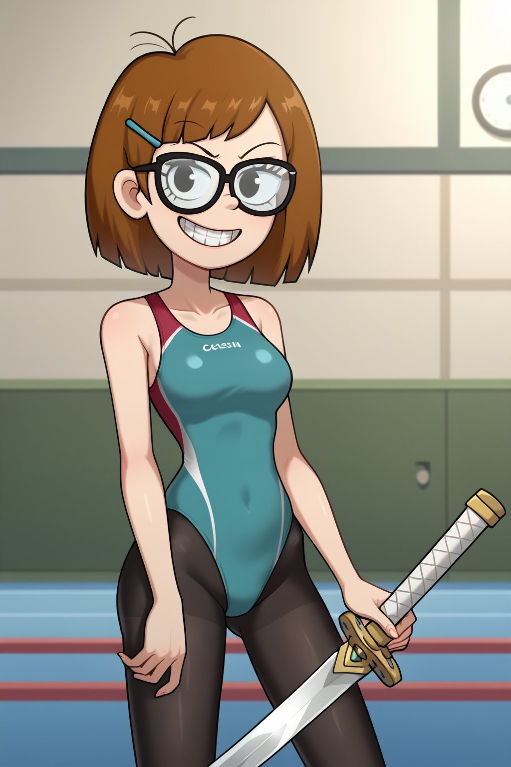 (1girl, solo, Jackie_wackerman, brown hair, medium hair, hairclip, glasses, competition swimsuit, black pantyhose, grin, brackets, standing, holding a sword,looking at viewer),SFW