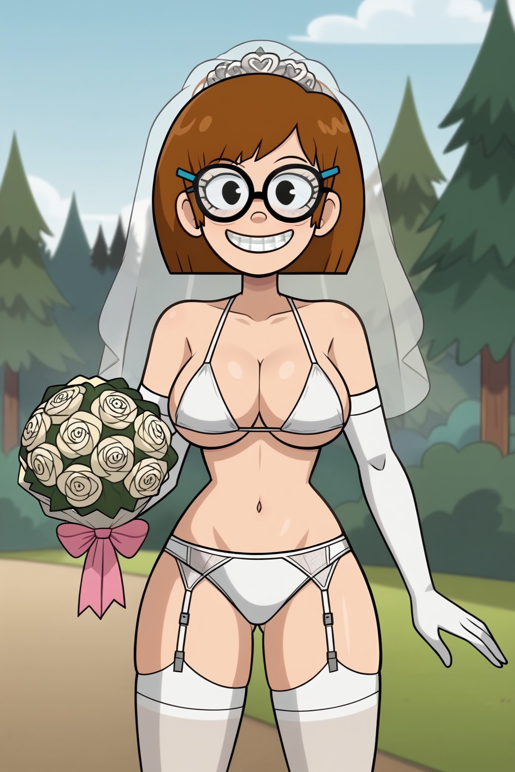 (1girl, solo, Jackie_wackerman, curvy body,  brown hair, short hair, hairclip, glasses, white bikini, white garter straps, white elbow gloves, white legwear, holdin a bouquet, bridal veil, upper body, grin, brackets, standing, looking at viewer)