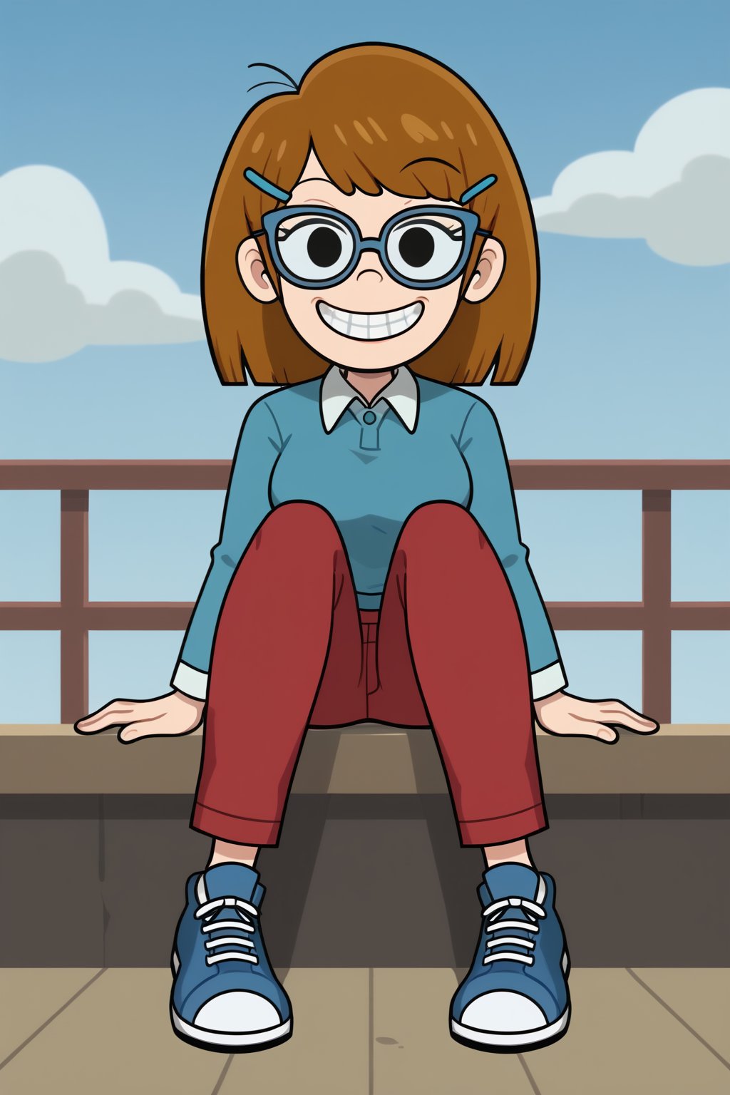 (1girl, solo, Jackie_wackerman,  brown hair, medium hair, hairclip, glasses,collared shirt, sky blue sweater, red pants, blue footwear, grin, brackets, sitting, ,looking at viewer),SFW