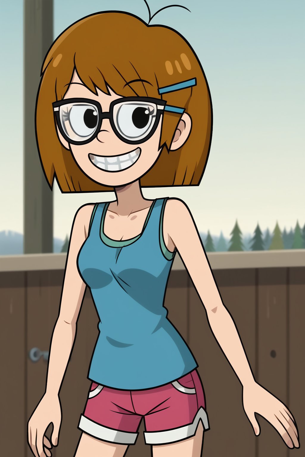 (1girl, solo, Jackie_wackerman, brown hair, short hair, hairclip, glasses, black eyes, tank top, shorts, grin, brackets,cowboy shot)