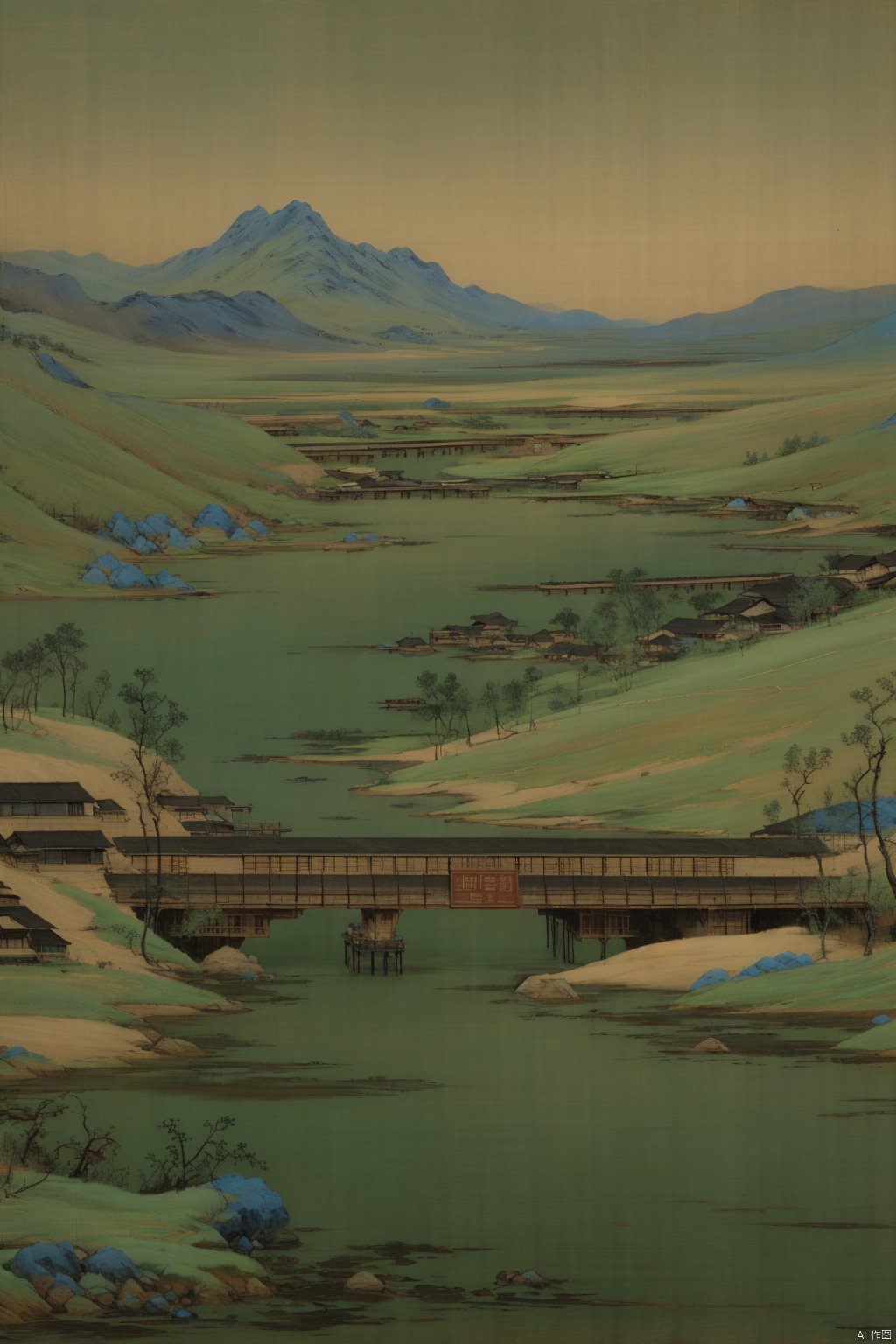 Chinese landscape painting,
ancient Chinese architecture,
mountains and rivers,
river,
plant,
Sky,
ancient wooden boat,
Thousands of Miles of Rivers and Mountains,
bridge