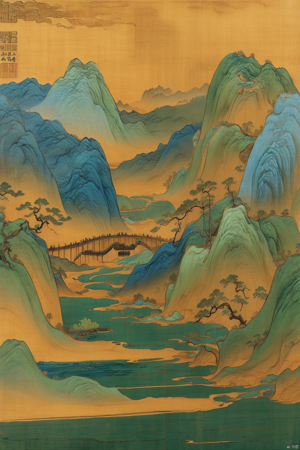 Chinese landscape painting,
ancient Chinese architecture,
mountains and rivers,
river,
plant,
Sky,
ancient wooden boat,
Thousands of Miles of Rivers and Mountains,
bridge