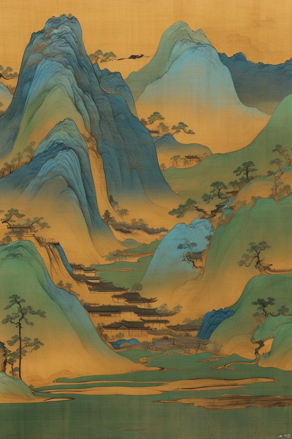 Chinese landscape painting,
ancient Chinese architecture,
mountains and rivers,
river,
plant,
Sky,
ancient wooden boat,
Thousands of Miles of Rivers and Mountains,
bridge