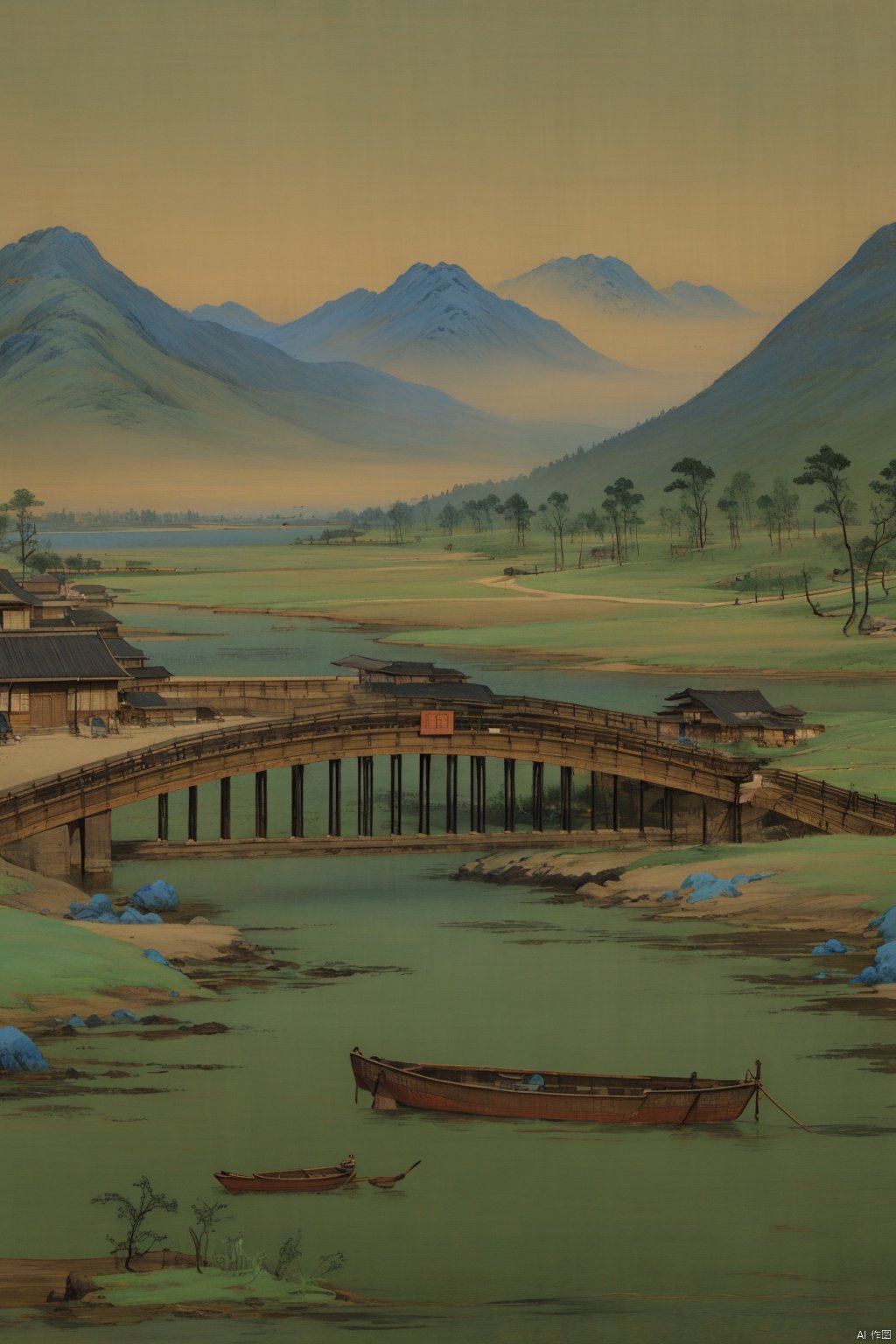 Chinese landscape painting,
ancient Chinese architecture,
mountains and rivers,
river,
plant,
Sky,
ancient wooden boat,
Thousands of Miles of Rivers and Mountains,
bridge